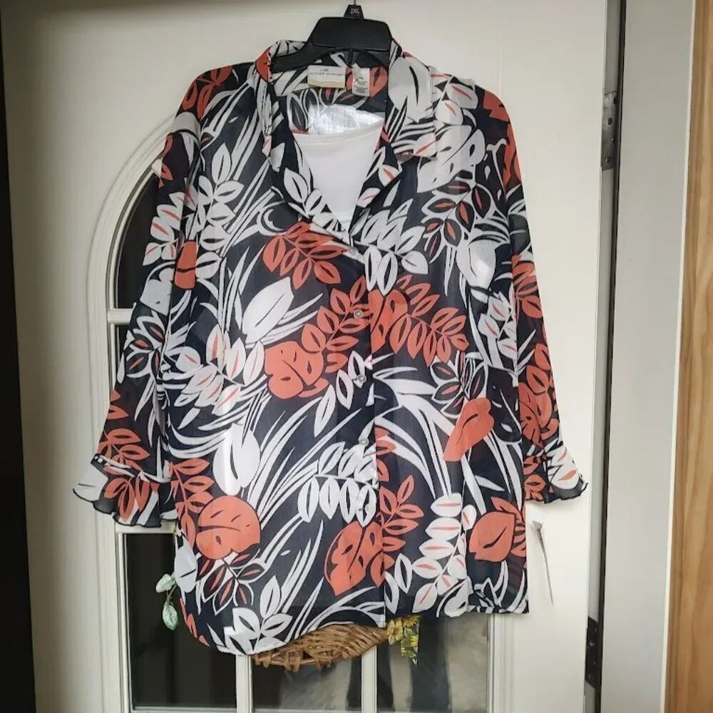 New Alfred Dunner Papillion Sheer Blue Orange Button Down Shirt Size Women's 18W